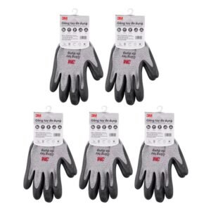 Bộ 5 đôi găng tay đa dụng 3M Comfort Grip màu xám đen, đóng gói riêng lẻ với thẻ treo sản phẩm.
