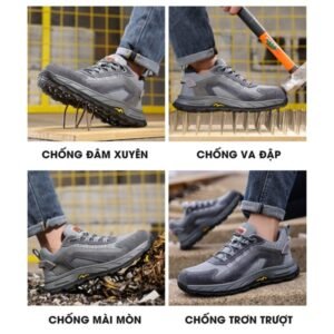 Giày bảo hộ GUYISA 3130 thể hiện các tính năng vượt trội: chống đâm xuyên với đinh, chống va đập bằng búa, chống mài mòn trên vật sắc nhọn và chống trơn trượt hiệu quả trong môi trường làm việc.
