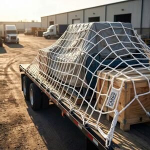 Lưới chùm hàng hóa xe tải và container bằng sợi dù siêu bền bọc bảo vệ pallet và kiện hàng trên rơ moóc flatbed.