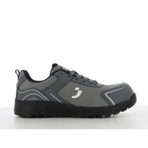 Giày bảo hộ Safety Jogger AAK S1P Low màu xám nhìn ngang, logo chữ J trắng bên hông, đế Phylon/Rubber đen dày nhiều gai