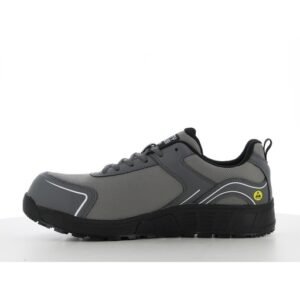Mặt trong giày Safety Jogger AAK S1P Low xám, logo ESD vàng gần gót, mảng ốp xám đậm, đế đen gai khối