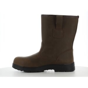 Mặt trong boot bảo hộ Alaska da nâu cổ cao, đường may gia cố quanh mắt cá, quai kéo, đế PU/PU đen dày