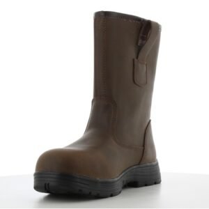 Boot cổ cao Alaska nhìn chéo từ mặt trong, da Pull-up nâu, quai kéo, đường may gia cố, đế đen gai lớn