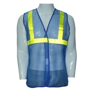 Mặt trước áo lưới phản quang màu xanh dương trên ma-nơ-canh, hai dải phản quang vàng chanh dọc thân và một dải ngang