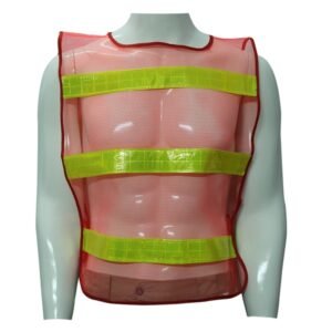 Áo lưới phản quang màu đỏ trên ma-nơ-canh nhìn trước, ba dải phản quang vàng chanh ngang ngực, bụng và gấu