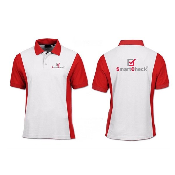 Áo thun polo cotton màu trắng phối đỏ ở cổ, tay áo và hai mảng sườn, ngực trái in logo nhỏ, lưng in logo cỡ lớn