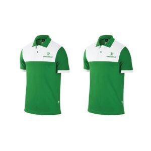 Áo thun polo cotton xanh lá phối mảng trắng ngang ngực và vai, cổ bẻ xanh, tay áo xanh viền trắng, ngực in logo nhỏ