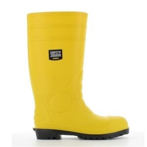 Ủng bảo hộ Safety Jogger Apollo S4 SRA màu vàng cổ cao, đế đen gai sâu, nhãn hãng ở cổ, nhìn ngang mặt ngoài