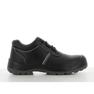 Giày bảo hộ Safety Jogger Aura S3S thấp cổ màu đen nhìn ngang, da Nappa trơn, đường may chỉ xám, đế PU/PU xám gai sâu