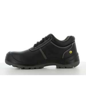 Mặt trong giày Safety Jogger Aura S3S đen, logo ESD vàng gần gót, da Nappa trơn, đường may xám, đế PU/PU xám