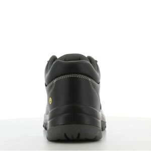 Giày Safety Jogger Aura S3S nhìn từ phía sau, gót da đen có đường may xám dọc, logo ESD vàng, đế PU/PU xám