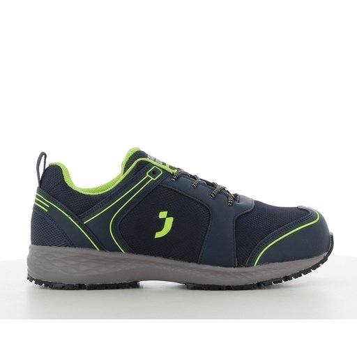 Giày bảo hộ thể thao Safety Jogger Balto S1 SRC màu xanh navy viền xanh chuối nhìn ngang, đế EVA cao su xám