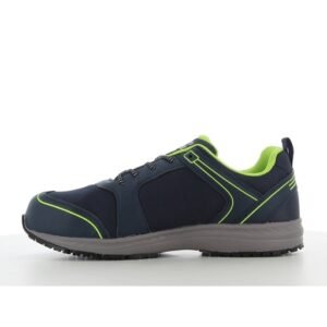 Giày Safety Jogger Balto S1 SRC nhìn mặt trong, thân lưới xanh navy, viền xanh chuối, đế EVA xám êm