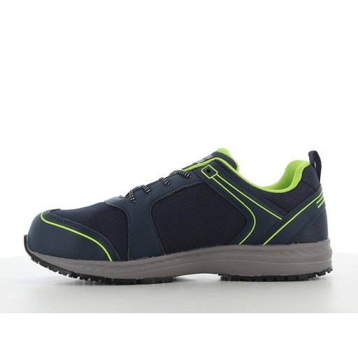 Giày Safety Jogger Balto S1 SRC nhìn mặt trong, thân lưới xanh navy, viền xanh chuối, đế EVA xám êm
