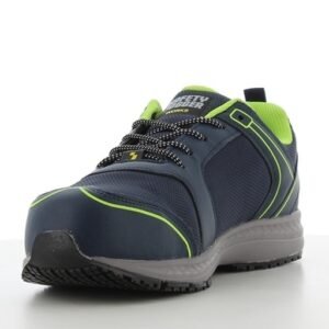 Cận cảnh mũi giày Safety Jogger Balto S1 SRC, lưới xanh navy, viền xanh chuối, đế EVA cao su xám có gai