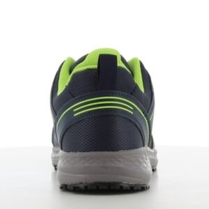 Giày bảo hộ Balto S1 SRC nhìn từ phía sau, gót xanh navy có đường viền xanh chuối, lót trong xanh chuối, đế xám
