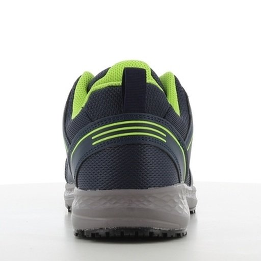Giày bảo hộ Balto S1 SRC nhìn từ phía sau, gót xanh navy có đường viền xanh chuối, lót trong xanh chuối, đế xám