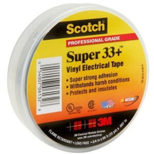 Cuộn băng keo cách điện vinyl 3M Scotch Super 33+ màu đen, nhãn tròn vàng đỏ in chữ Vinyl Electrical Tape và logo 3M