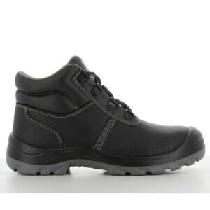 Giày bảo hộ Safety Jogger Bestboy S3 cao cổ màu đen nhìn ngang, da Barton, đế PU/PU xám, chuẩn S3 SRC