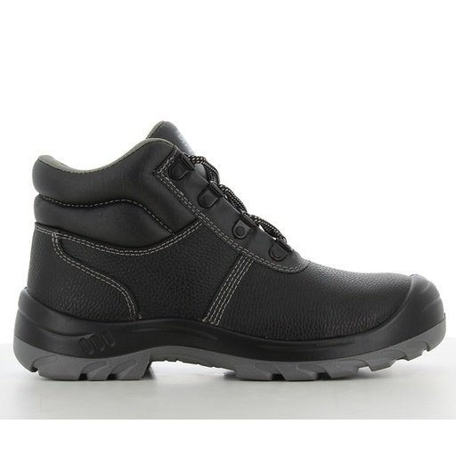Giày bảo hộ Safety Jogger Bestboy S3 cao cổ màu đen nhìn ngang, da Barton, đế PU/PU xám, chuẩn S3 SRC
