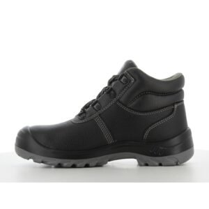Giày Safety Jogger Bestboy S3 cao cổ nhìn mặt trong, da đen có đệm cổ, đế PU xám bo gót