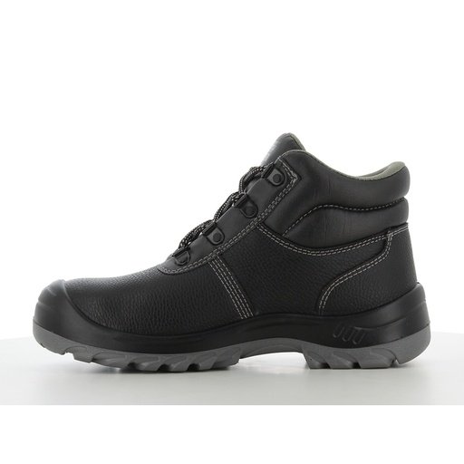 Giày Safety Jogger Bestboy S3 cao cổ nhìn mặt trong, da đen có đệm cổ, đế PU xám bo gót