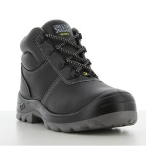 Giày bảo hộ Bestboy S3 cao cổ góc 3/4 trước, dây buộc nhiều lỗ, nhãn Safety Jogger trên lưỡi gà, mũi giày dày