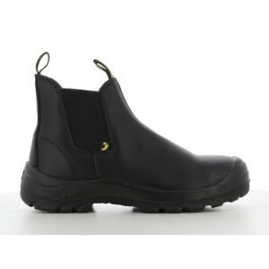 Boot bảo hộ Safety Jogger Bestfit kiểu chelsea da đen trơn, chun co giãn hai bên, quai kéo đen, đế PU/PU đen