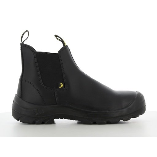 Boot bảo hộ Safety Jogger Bestfit kiểu chelsea da đen trơn, chun co giãn hai bên, quai kéo đen, đế PU/PU đen