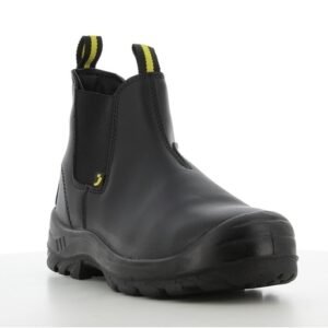 Boot Bestfit góc 3/4 phía trước, mũi đen tròn chứa mũi thép, hai quai kéo vàng đen, chun bên cổ, đế đen