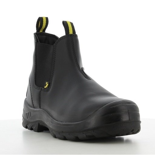 Boot Bestfit góc 3/4 phía trước, mũi đen tròn chứa mũi thép, hai quai kéo vàng đen, chun bên cổ, đế đen