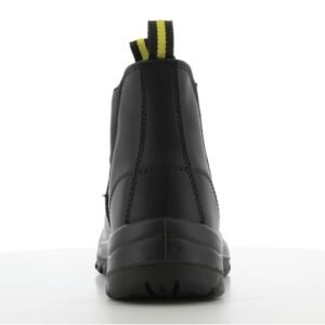 Boot Safety Jogger Bestfit nhìn từ phía sau, quai kéo vàng đen ở gót, cổ chelsea đen, đế PU/PU bản rộng