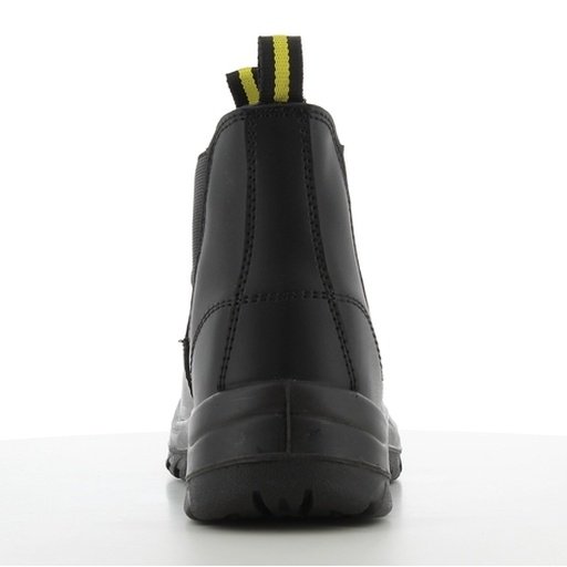 Boot Safety Jogger Bestfit nhìn từ phía sau, quai kéo vàng đen ở gót, cổ chelsea đen, đế PU/PU bản rộng