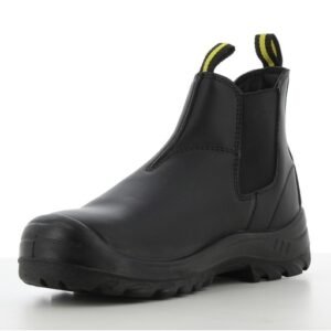 Boot chelsea Bestfit nhìn chéo từ mặt trong, thân đen trơn, chun cổ, quai kéo vàng đen, đế PU/PU đen
