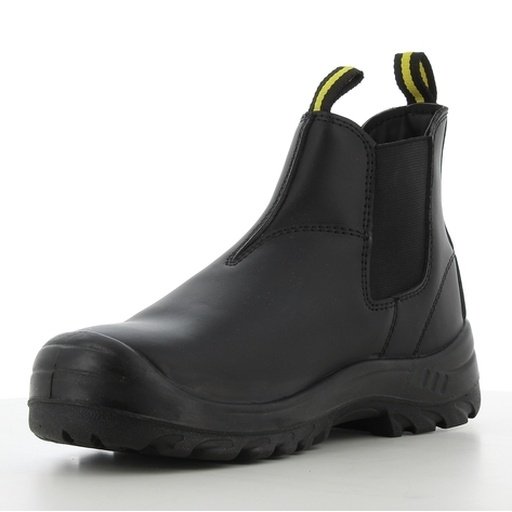 Boot chelsea Bestfit – góc chéo mặt trong Boot chelsea Bestfit nhìn chéo từ mặt trong, thân đen trơn, chun cổ, quai kéo vàng đen, đế PU/PU đen