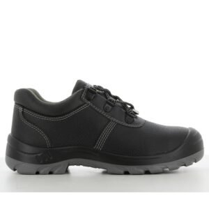 Giày bảo hộ Safety Jogger Bestrun S3 thấp cổ màu đen nhìn ngang, da Barton, đế PU/PU xám chống trơn trượt