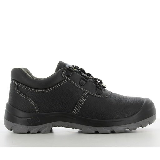Giày bảo hộ Safety Jogger Bestrun S3 thấp cổ màu đen nhìn ngang, da Barton, đế PU/PU xám chống trơn trượt