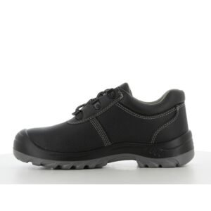 Giày Safety Jogger Bestrun S3 màu đen nhìn từ phía trong bàn chân, đế xám PU hai lớp, dây buộc chắc chắn