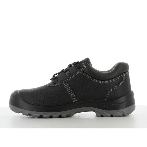 Giày Safety Jogger Bestrun S3 màu đen nhìn từ phía trong bàn chân, đế xám PU hai lớp, dây buộc chắc chắn