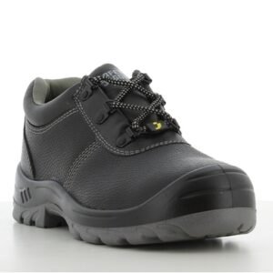 Giày bảo hộ Bestrun S3 góc 3/4 phía trước, mũi giày bo tròn dày, logo Safety Jogger trên lưỡi gà, đế gai xám
