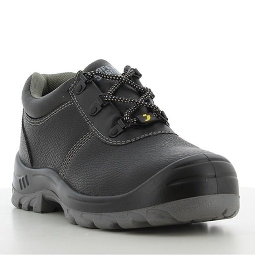 Giày bảo hộ Bestrun S3 góc 3/4 phía trước, mũi giày bo tròn dày, logo Safety Jogger trên lưỡi gà, đế gai xám