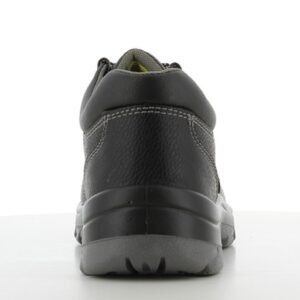 Giày Safety Jogger Bestrun S3 nhìn từ phía sau, gót giày da đen có đệm cổ, đế PU xám rộng chống lật