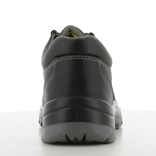 Giày Safety Jogger Bestrun S3 nhìn từ phía sau, gót giày da đen có đệm cổ, đế PU xám rộng chống lật