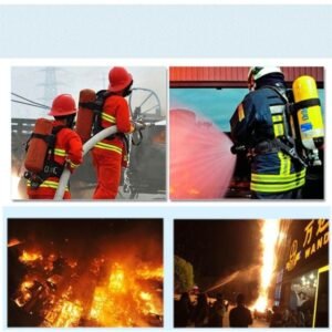 Ảnh ghép lính cứu hỏa đeo bình dưỡng khí phun nước dập lửa, cùng cảnh đám cháy lớn ban đêm, minh họa ứng dụng của SCA680KT