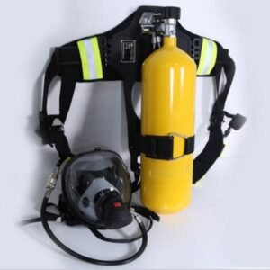 Bộ bình dưỡng khí SCBA 6.0L gồm bình thép màu vàng, khung đeo lưng đen có dải phản quang, mặt nạ toàn mặt và ống dẫn khí