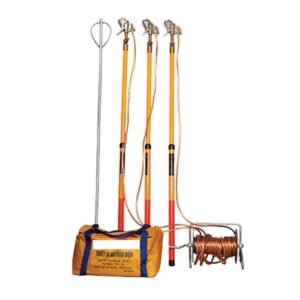 Bộ tiếp địa di động 110kV gồm 3 sào cách điện vàng đỏ gắn mỏ kẹp, cọc tiếp đất thép, cuộn dây đồng và túi đựng vàng