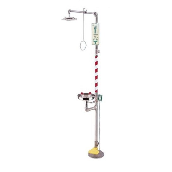 Trạm rửa mắt và vòi sen khẩn cấp Blue Eagle EW607 inox, thân trụ sọc đỏ trắng, đầu sen trên cao, tay kéo và chậu rửa mắt giữa thân