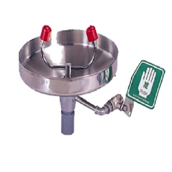 Bồn rửa mắt khẩn cấp Blue Eagle EW402 chậu inox tròn, hai vòi phun nắp đỏ, tay đẩy van bên hông và biển báo xanh lá