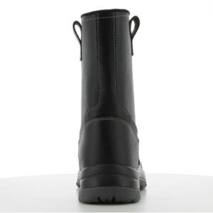 Boot Safety Jogger Bestboot-2 nhìn từ phía sau, gót da đen có đường may dọc, hai quai kéo ở mép cổ, đế đen bản rộng
