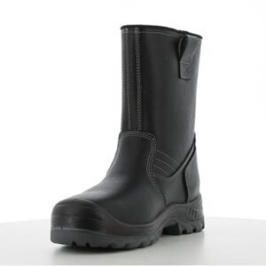 Boot cổ cao Bestboot-2 nhìn chéo từ mặt trong, da đen, quai kéo, đường may gia cố, mũi tròn, đế đen gai lớn